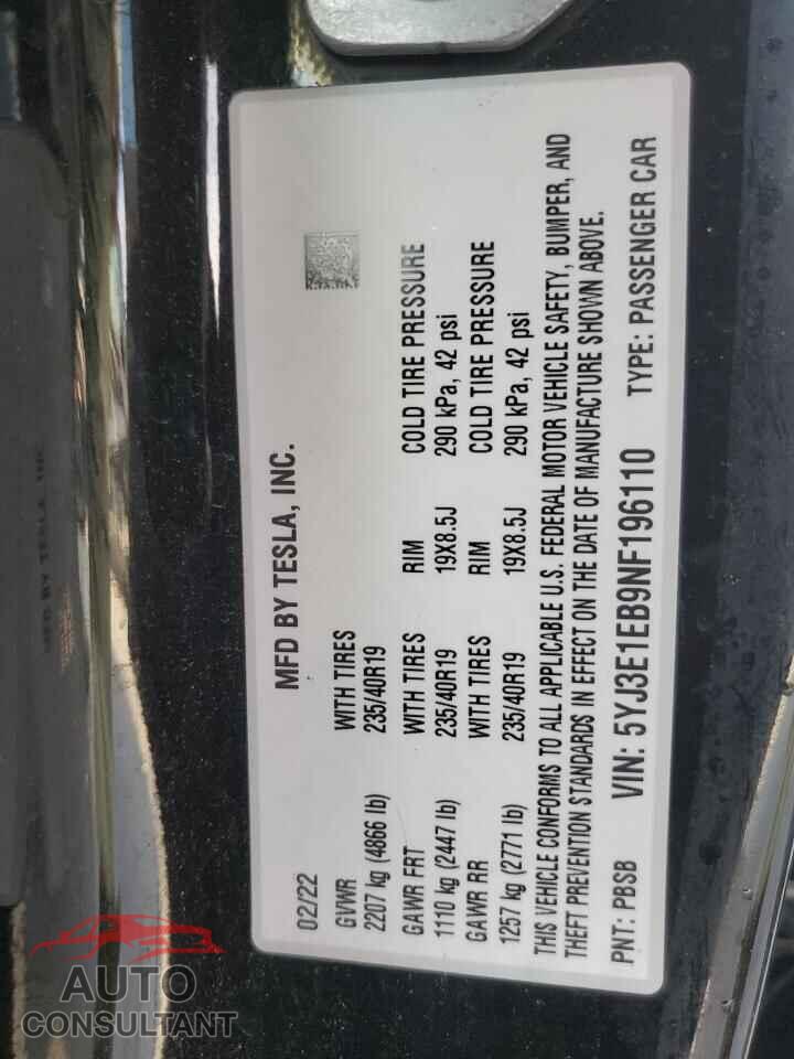 TESLA MODEL 3 2022 - 5YJ3E1EB9NF196110