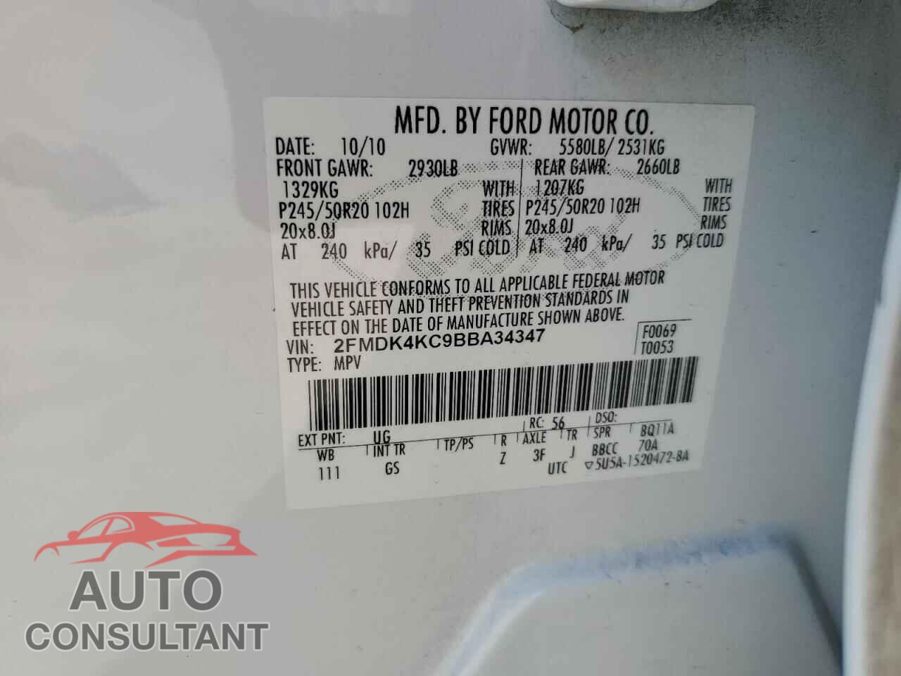 FORD EDGE 2011 - 2FMDK4KC9BBA34347