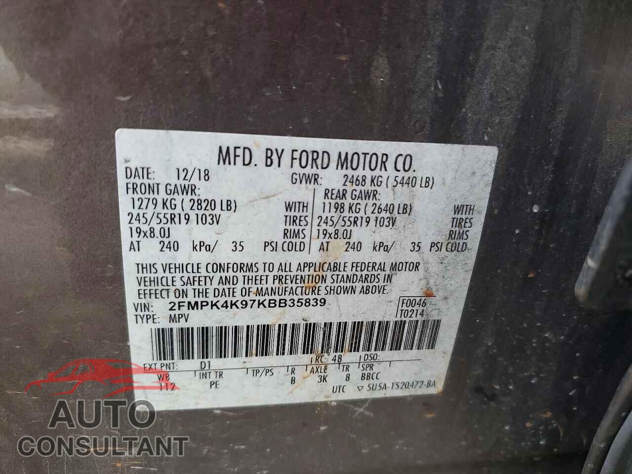 FORD EDGE 2019 - 2FMPK4K97KBB35839