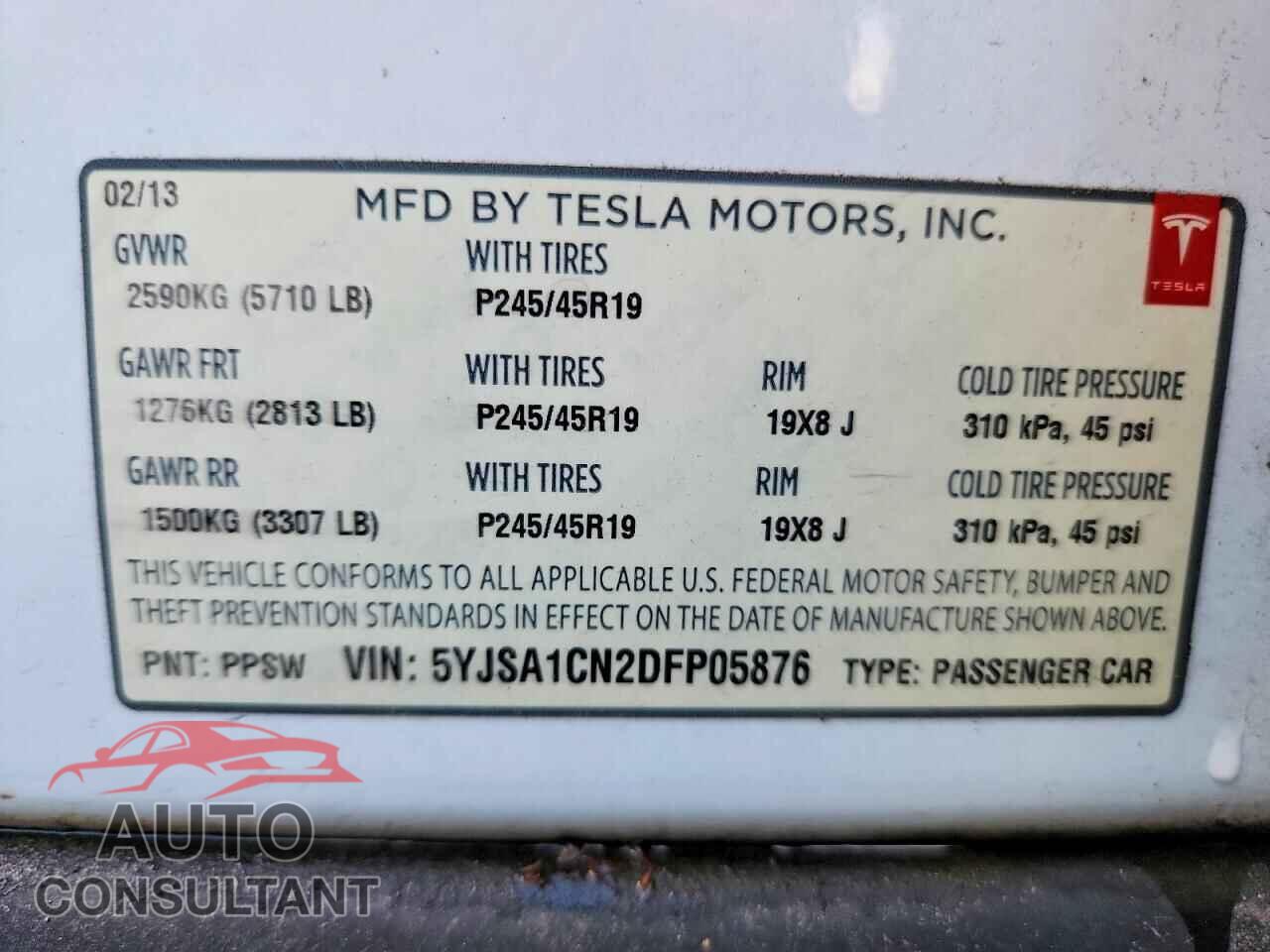 TESLA MODEL S 2013 - 5YJSA1CN2DFP05876