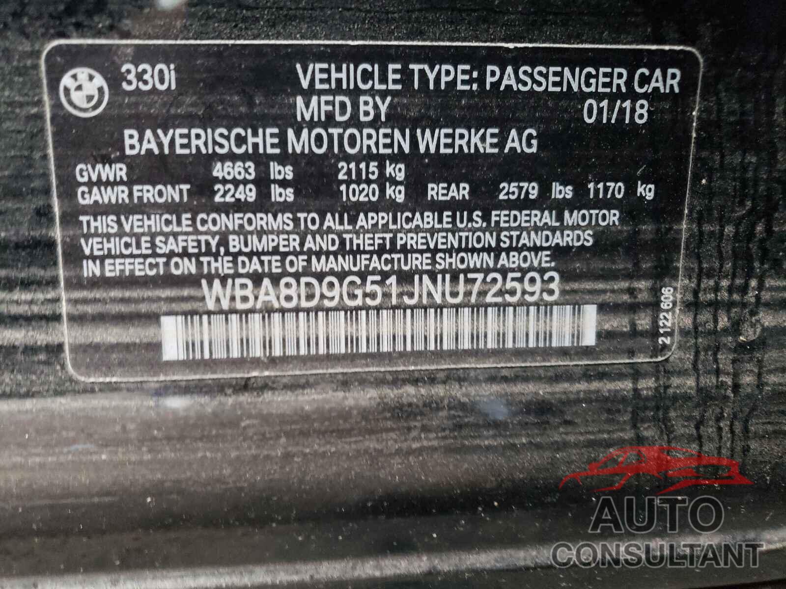 BMW 3 SERIES 2018 - WBA8D9G51JNU72593