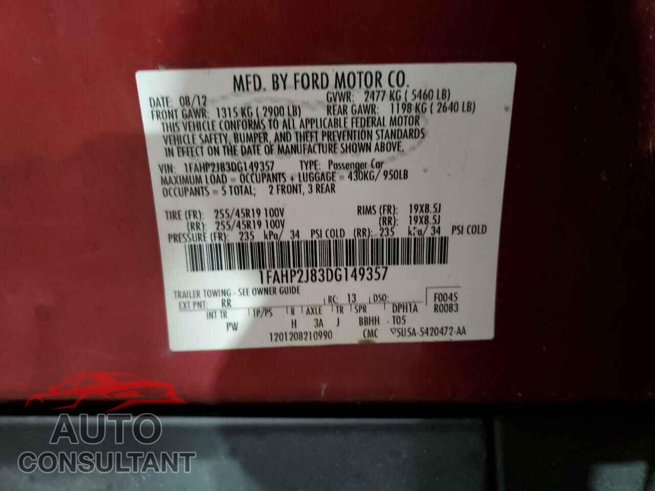 FORD TAURUS 2013 - 1FAHP2J83DG149357
