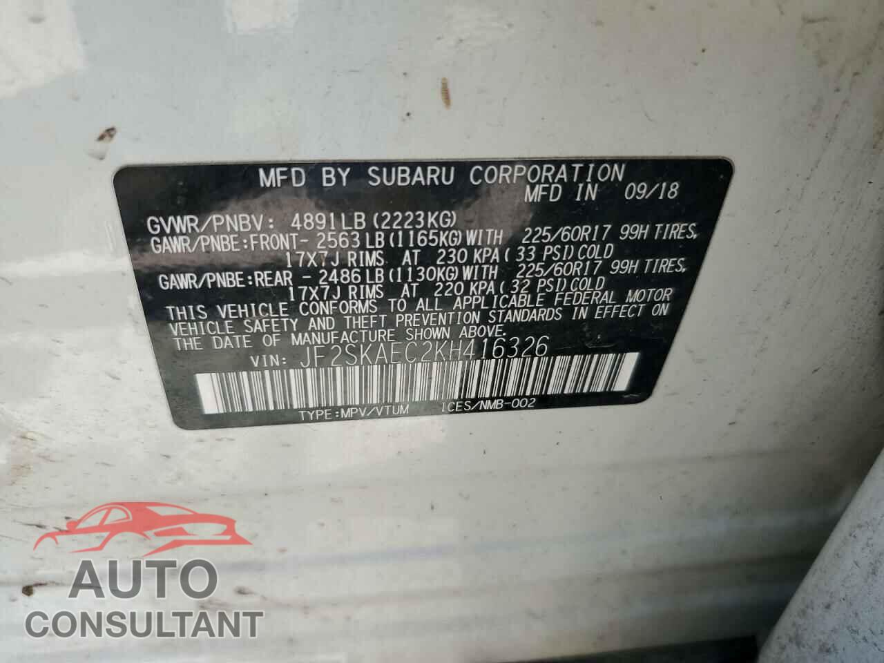 SUBARU FORESTER 2019 - JF2SKAEC2KH416326