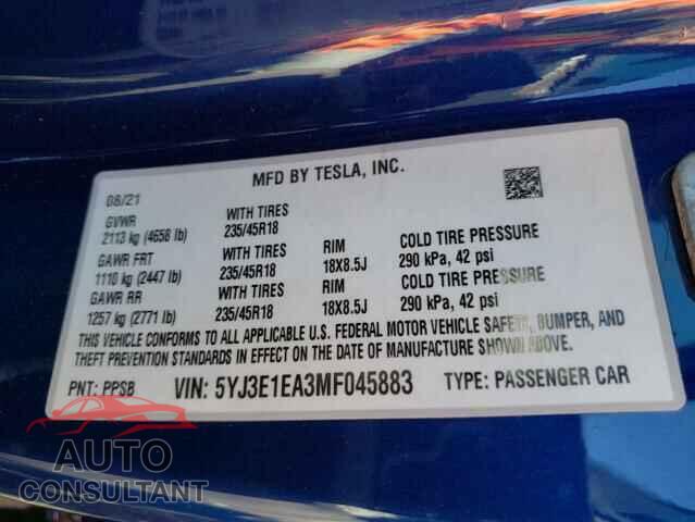 TESLA MODEL 3 2021 - 5YJ3E1EA3MF045883