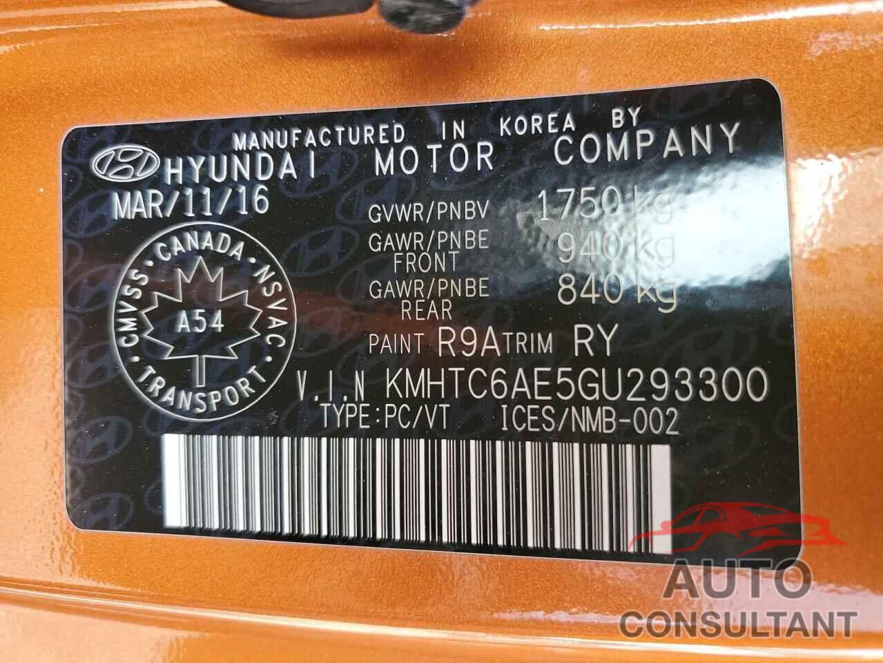 HYUNDAI VELOSTER 2016 - KMHTC6AE5GU293300