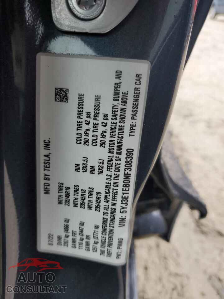 TESLA MODEL 3 2022 - 5YJ3E1EB0NF308390