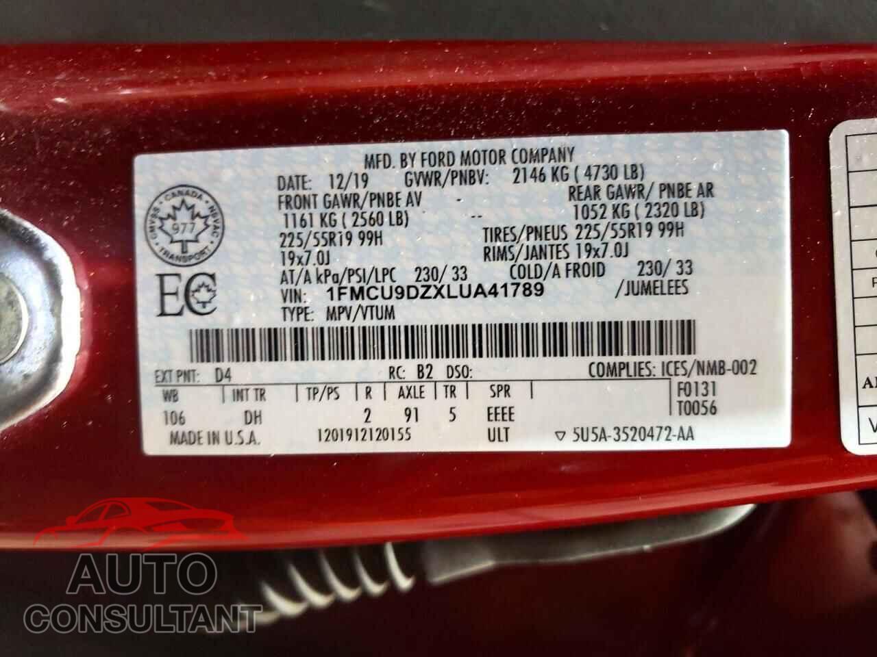 FORD ESCAPE 2020 - 1FMCU9DZXLUA41789
