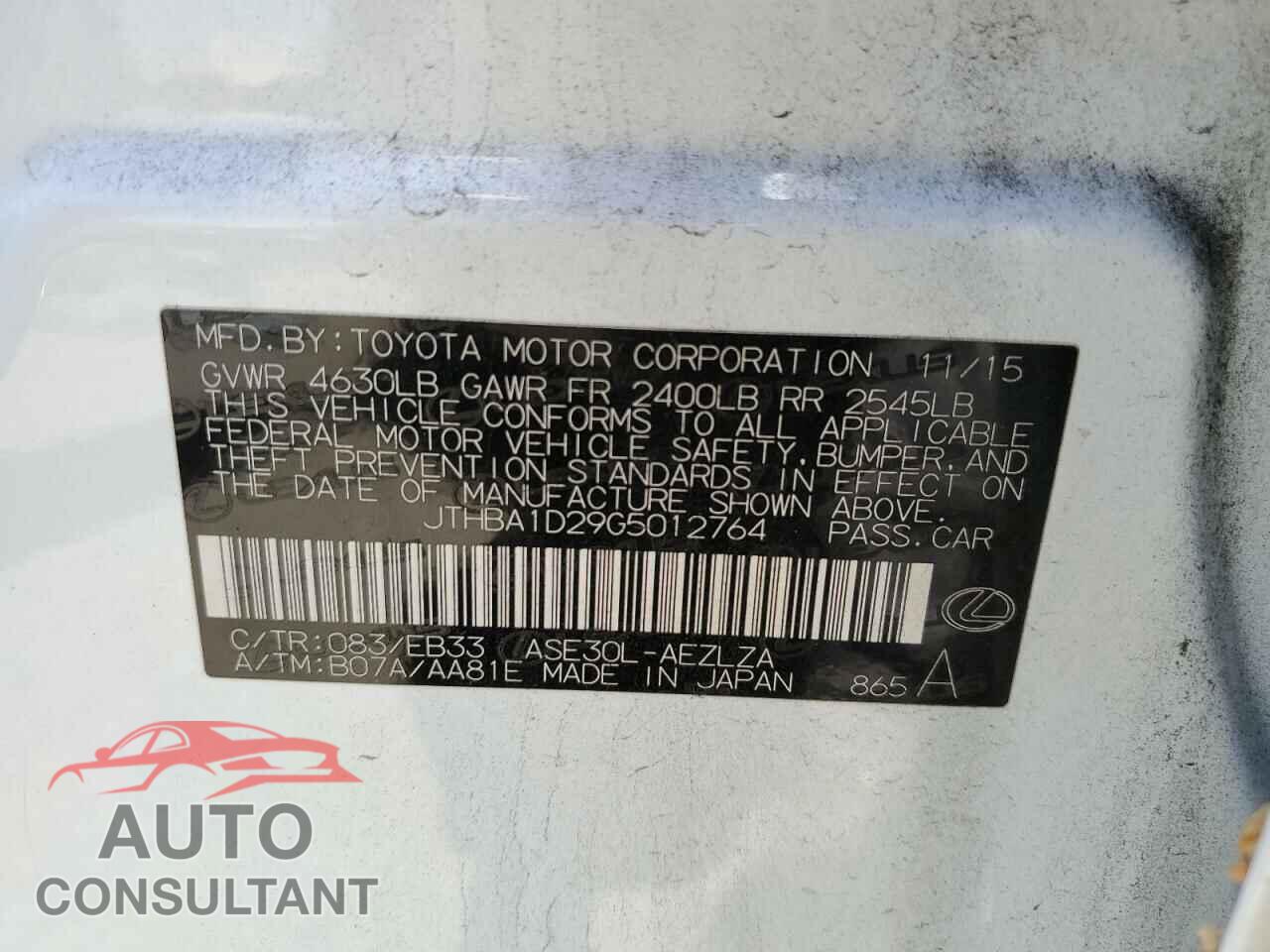 LEXUS IS 2016 - JTHBA1D29G5012764