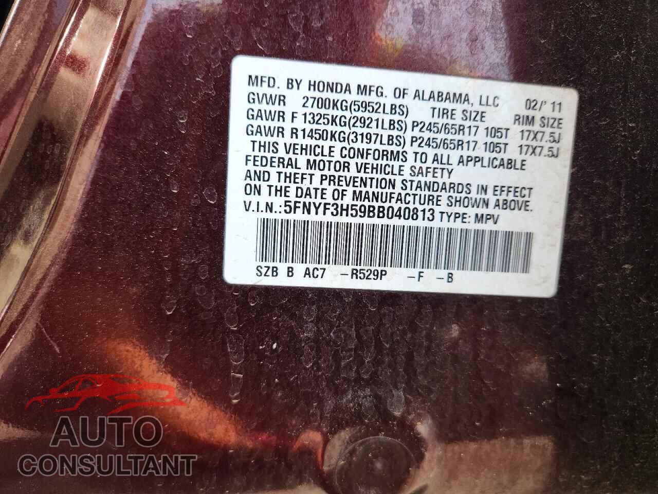 HONDA PILOT 2011 - 5FNYF3H59BB040813