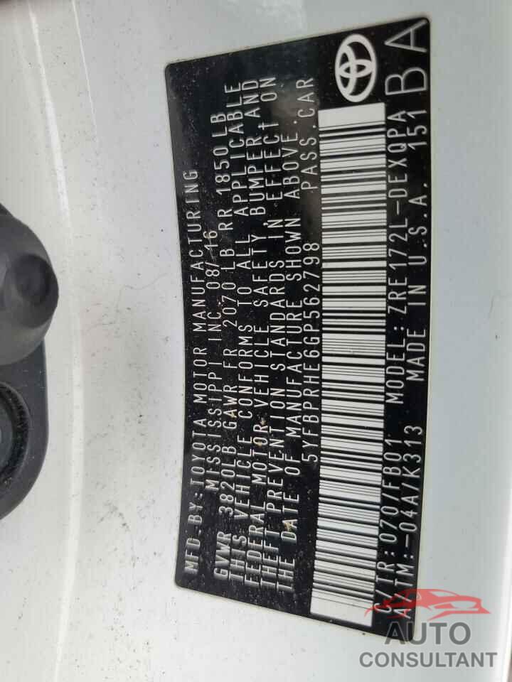 TOYOTA COROLLA 2016 - 5YFBPRHE6GP562798