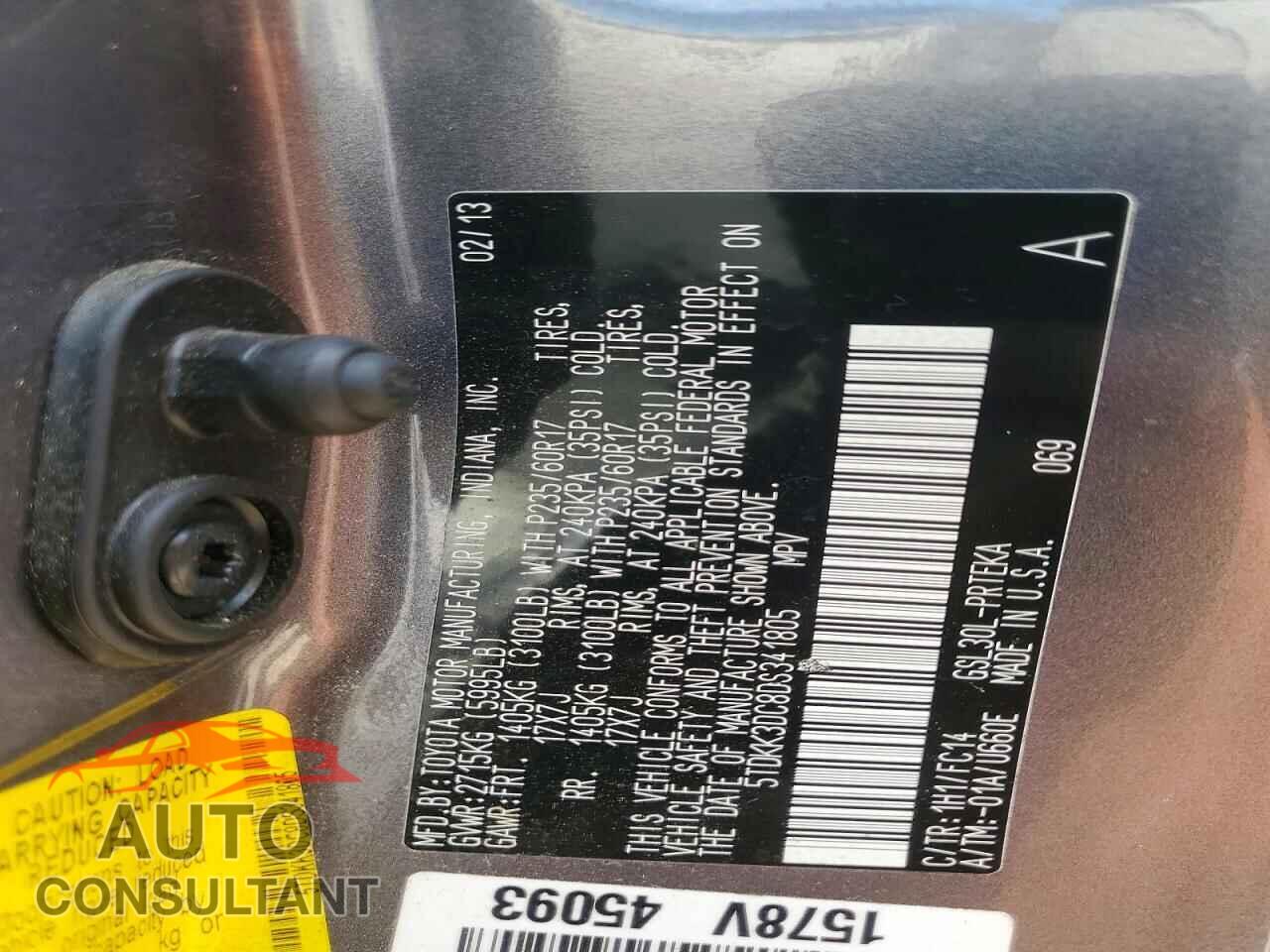 TOYOTA SIENNA 2013 - 5TDKK3DC8DS341805