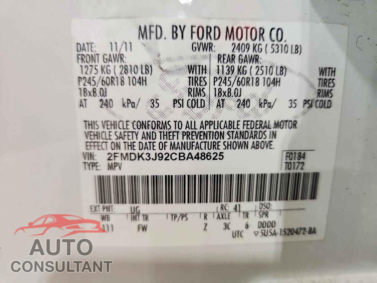 FORD EDGE 2012 - 2FMDK3J92CBA48625