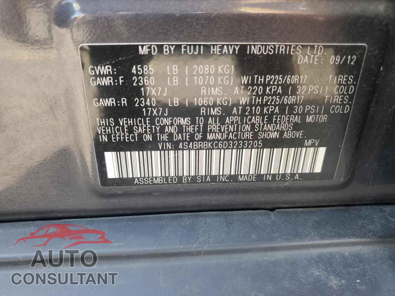 SUBARU OUTBACK 2013 - 4S4BRBKC6D3233205