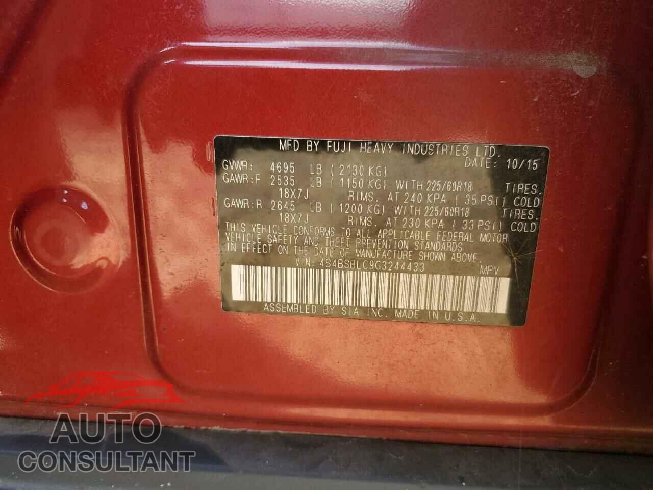 SUBARU OUTBACK 2016 - 4S4BSBLC9G3244433