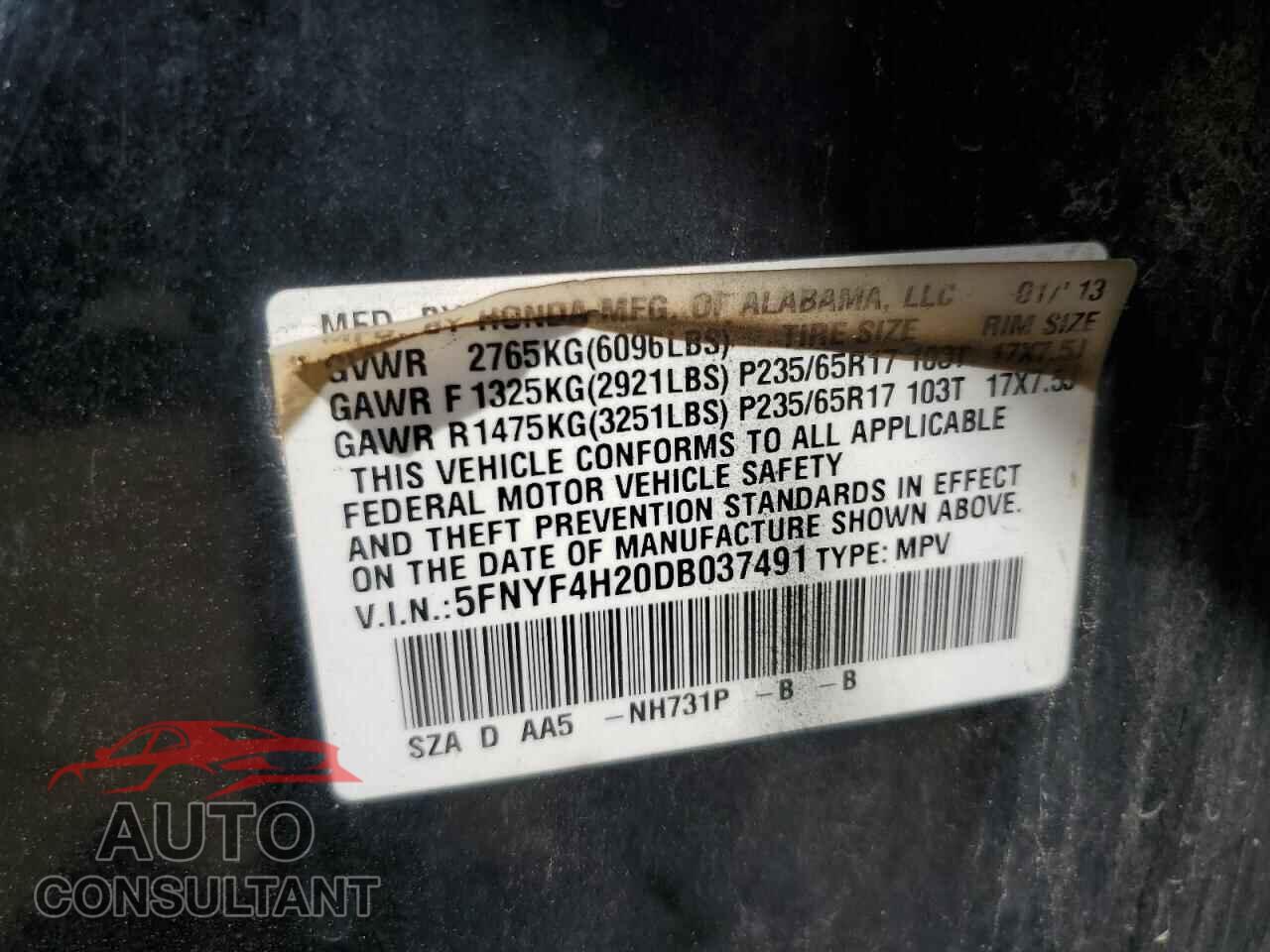 HONDA PILOT 2013 - 5FNYF4H20DB037491
