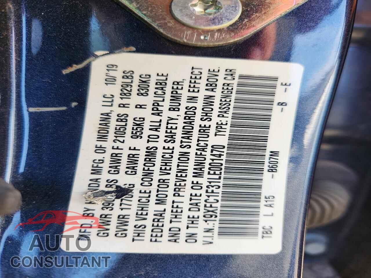 HONDA CIVIC 2020 - 19XFC1F31LE001470