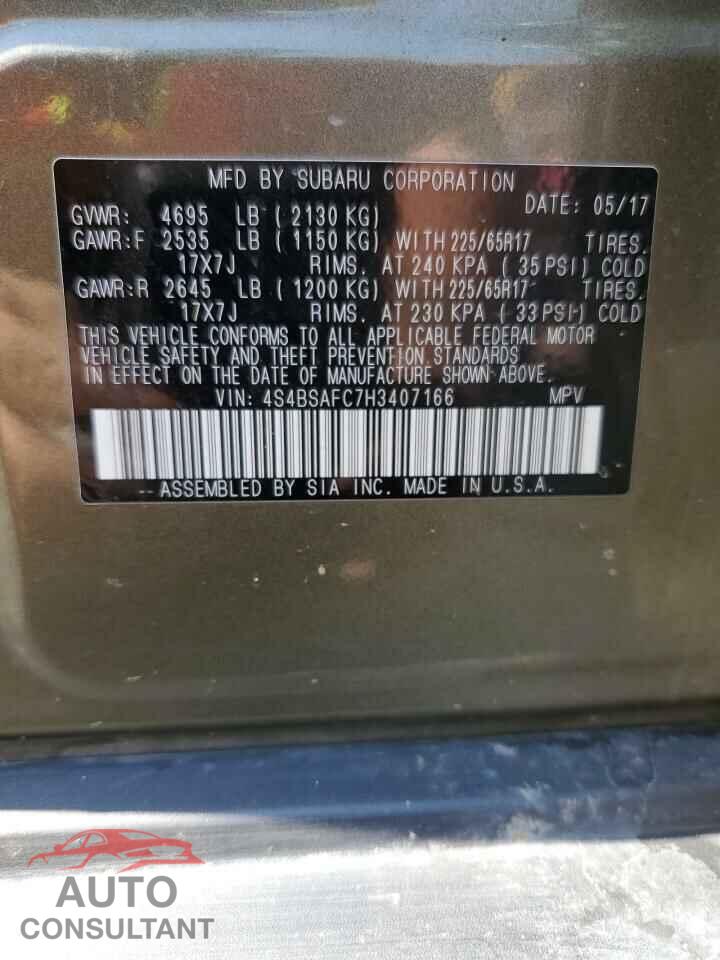 SUBARU OUTBACK 2017 - 4S4BSAFC7H3407166
