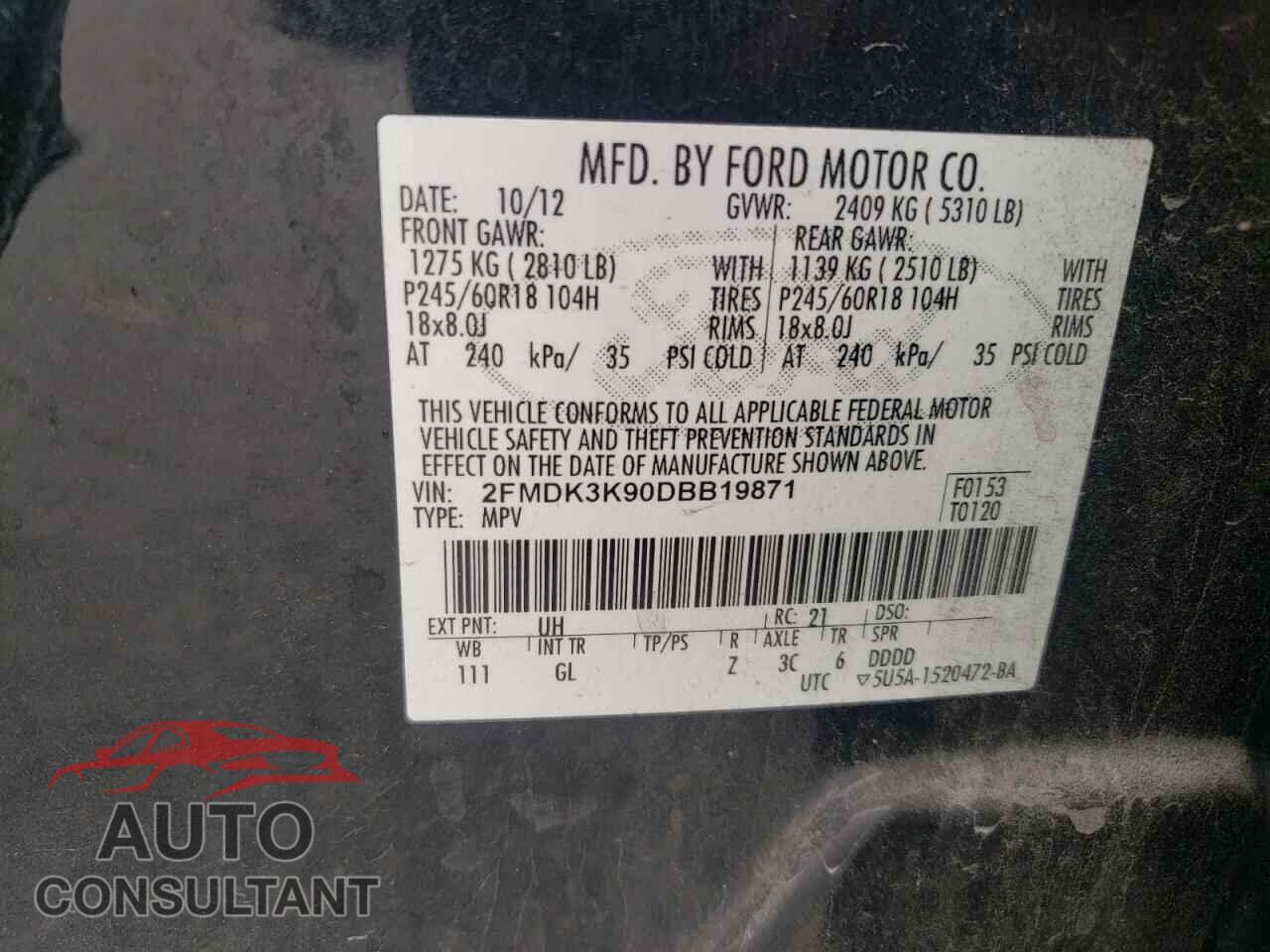 FORD EDGE 2013 - 2FMDK3K90DBB19871