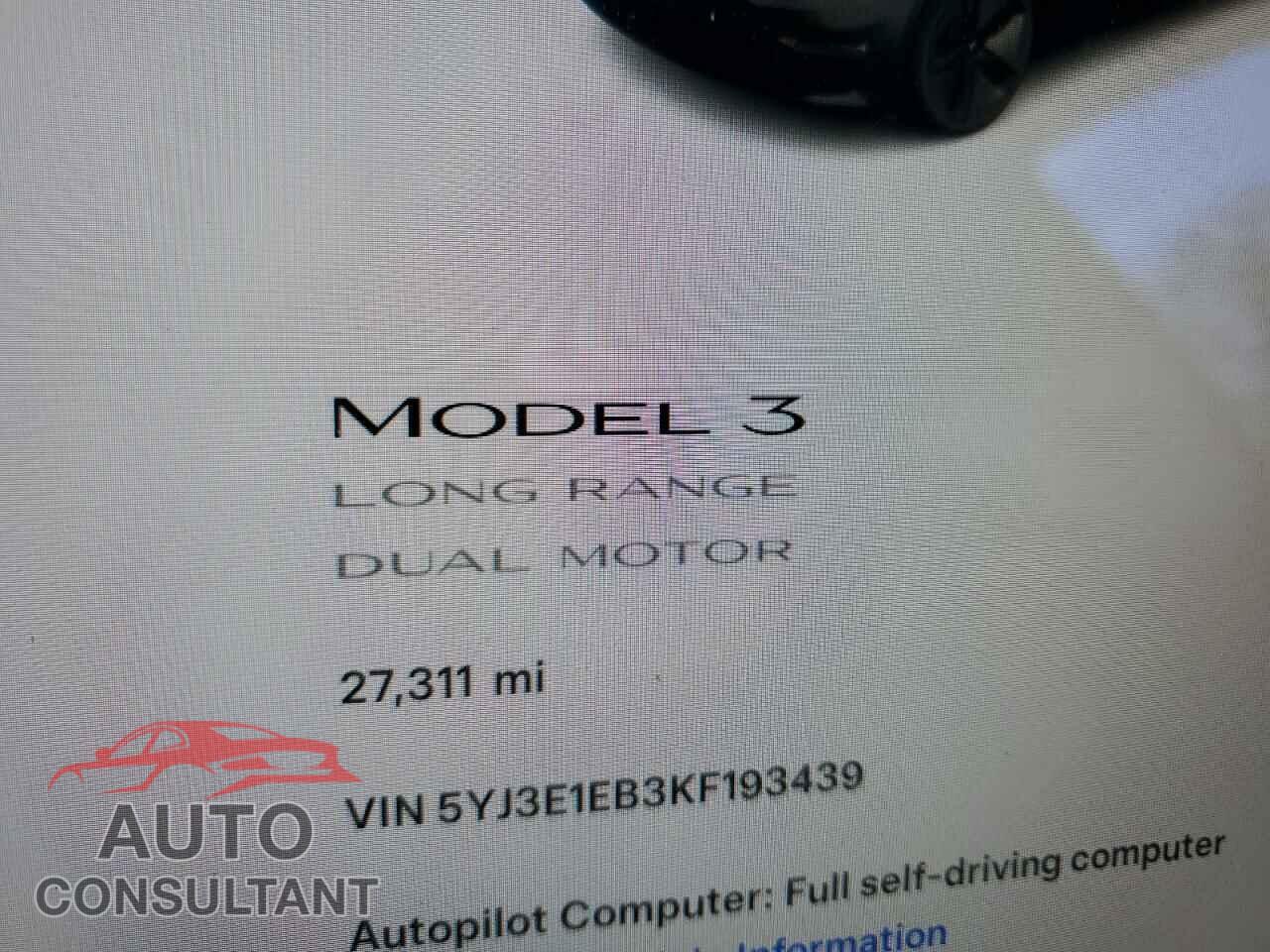 TESLA MODEL 3 2019 - 5YJ3E1EB3KF193439