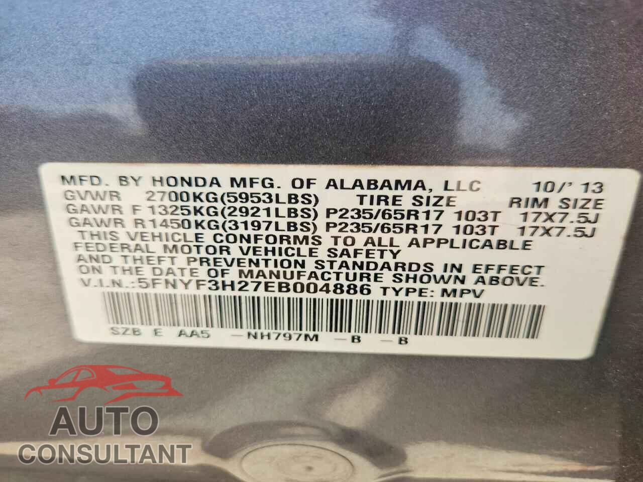 HONDA PILOT 2014 - 5FNYF3H27EB004886
