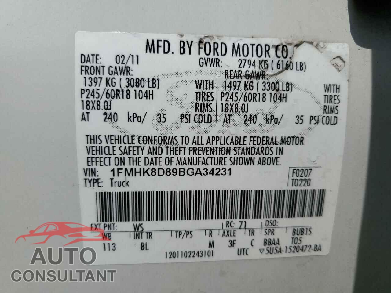 FORD EXPLORER 2011 - 1FMHK8D89BGA34231