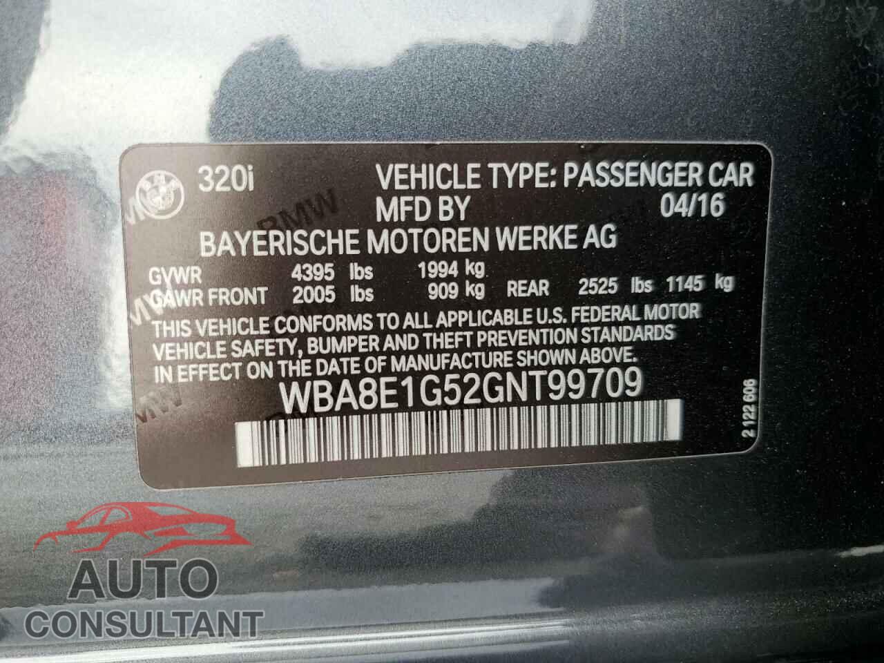 BMW 3 SERIES 2016 - WBA8E1G52GNT99709