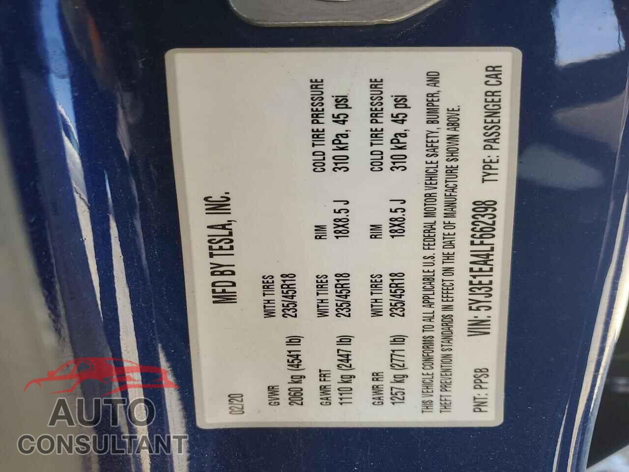 TESLA MODEL 3 2020 - 5YJ3E1EA4LF662398