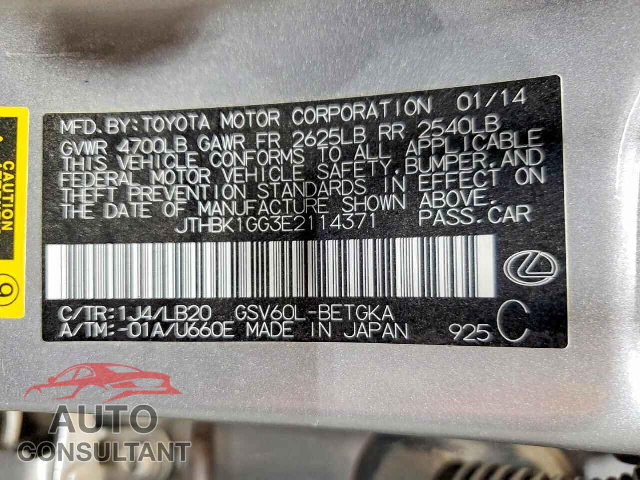 LEXUS ES350 2014 - JTHBK1GG3E2114371