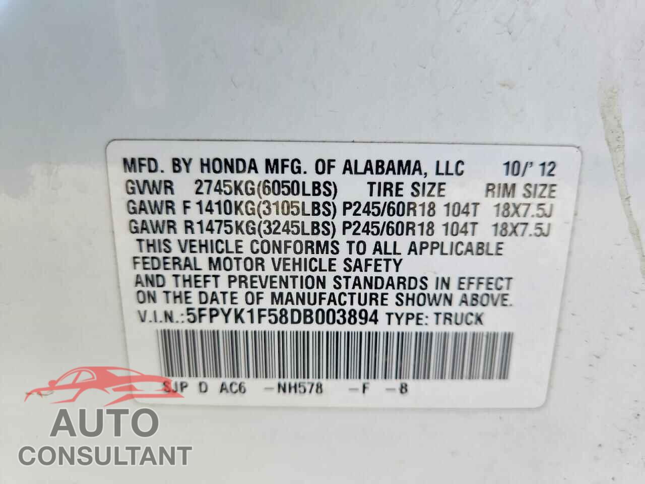 HONDA RIDGELINE 2013 - 5FPYK1F58DB003894