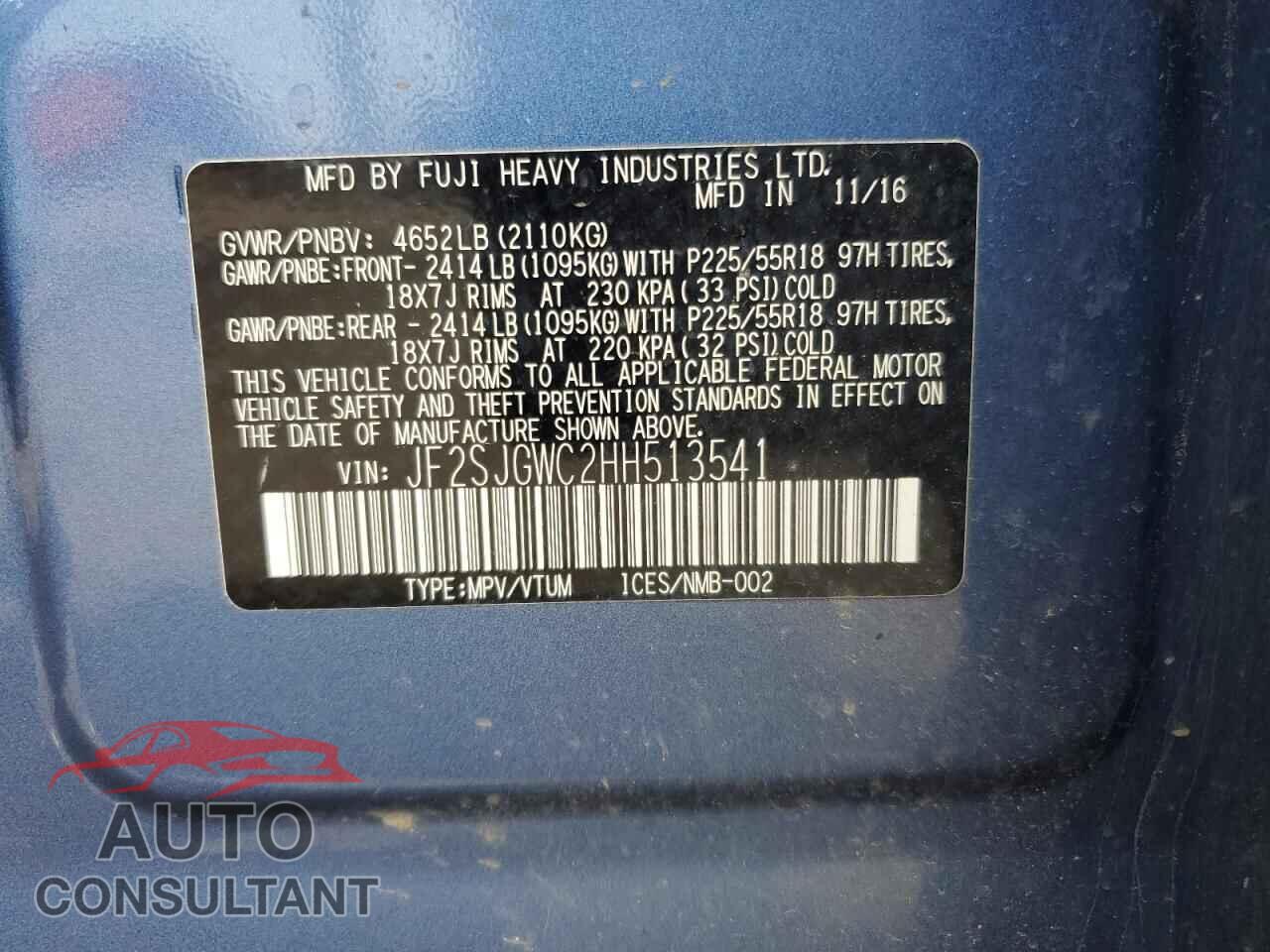 SUBARU FORESTER 2017 - JF2SJGWC2HH513541