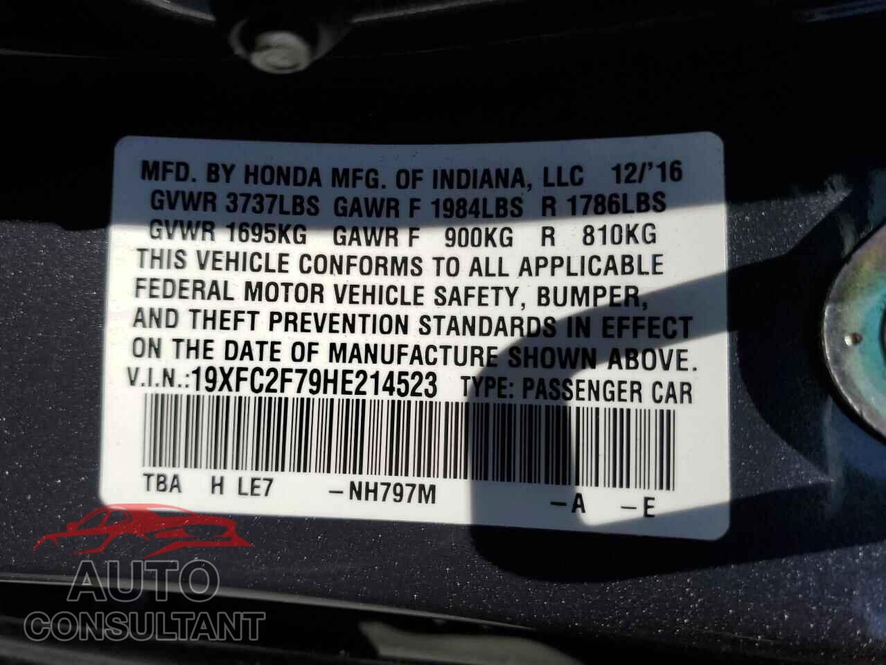 HONDA CIVIC 2017 - 19XFC2F79HE214523