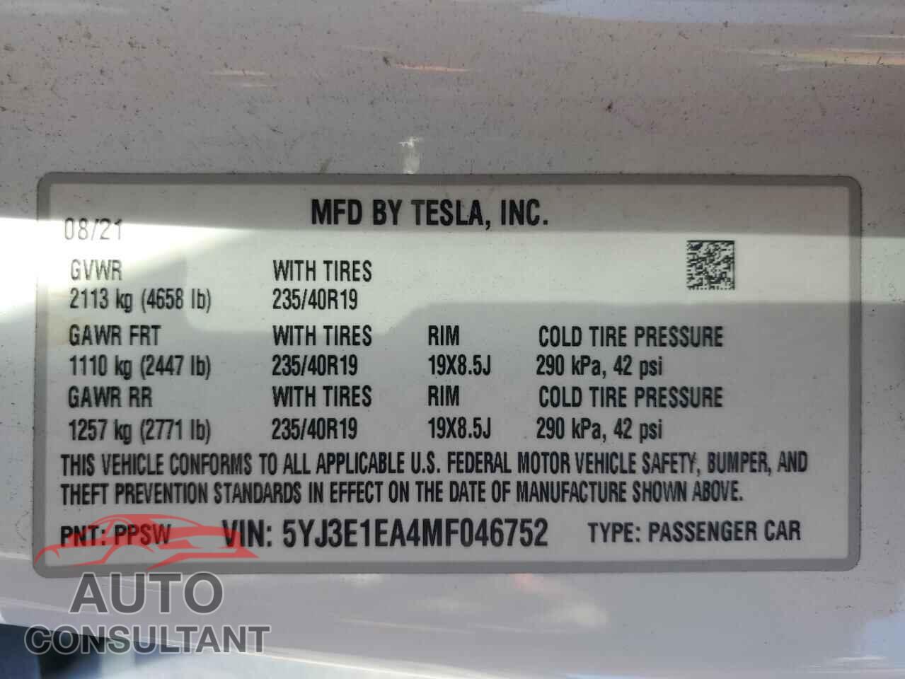 TESLA MODEL 3 2021 - 5YJ3E1EA4MF046752