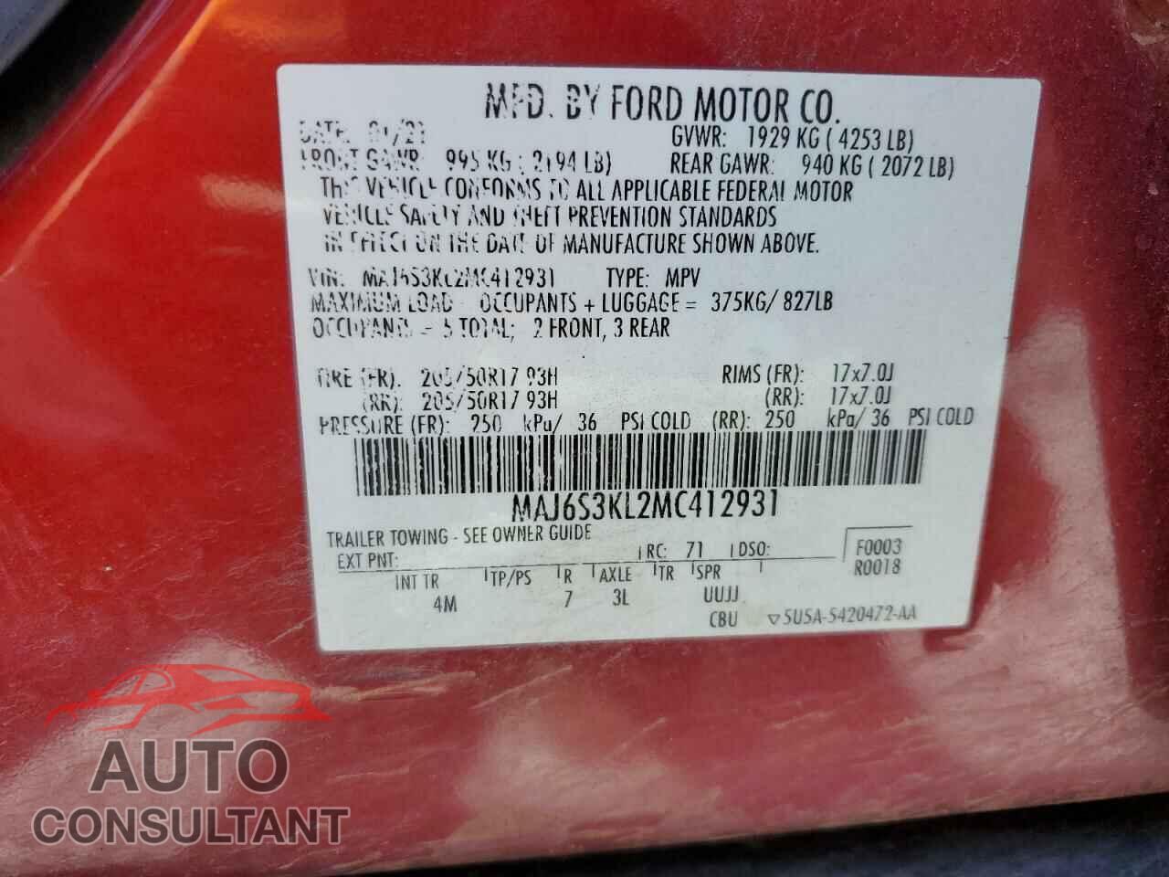 FORD ECOSPORT 2021 - MAJ6S3KL2MC412931