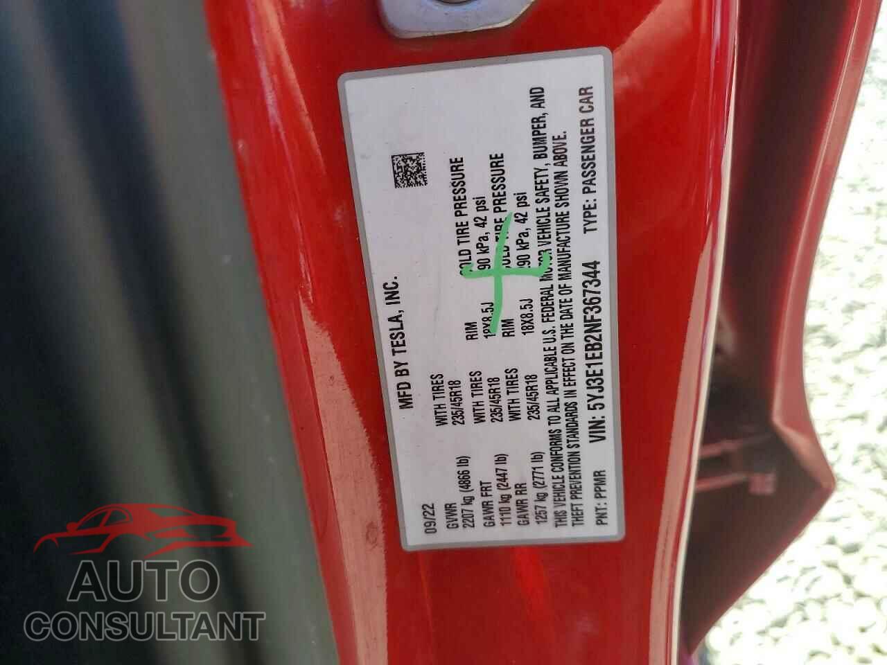TESLA MODEL 3 2022 - 5YJ3E1EB2NF367344