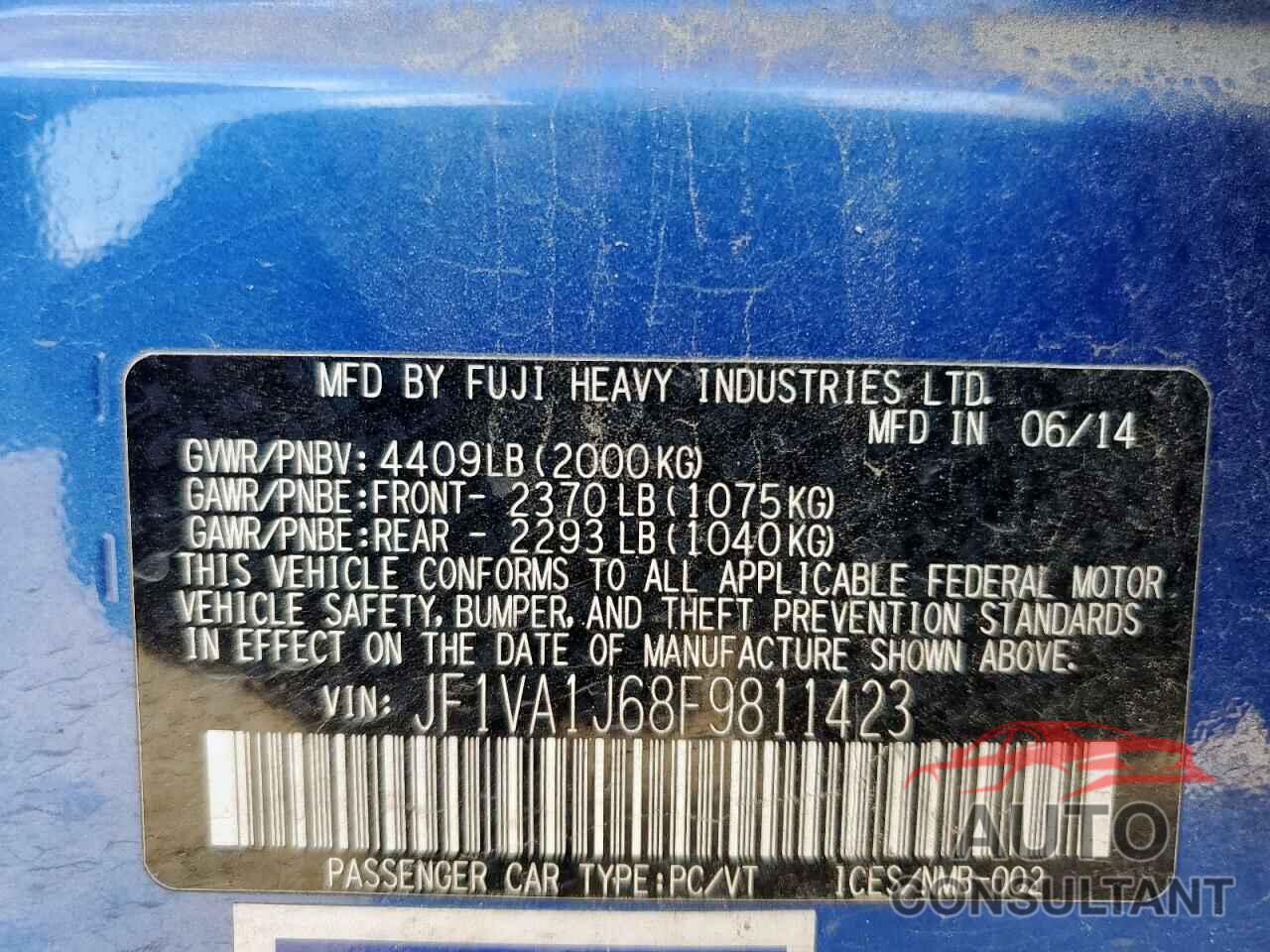 SUBARU WRX 2015 - JF1VA1J68F9811423