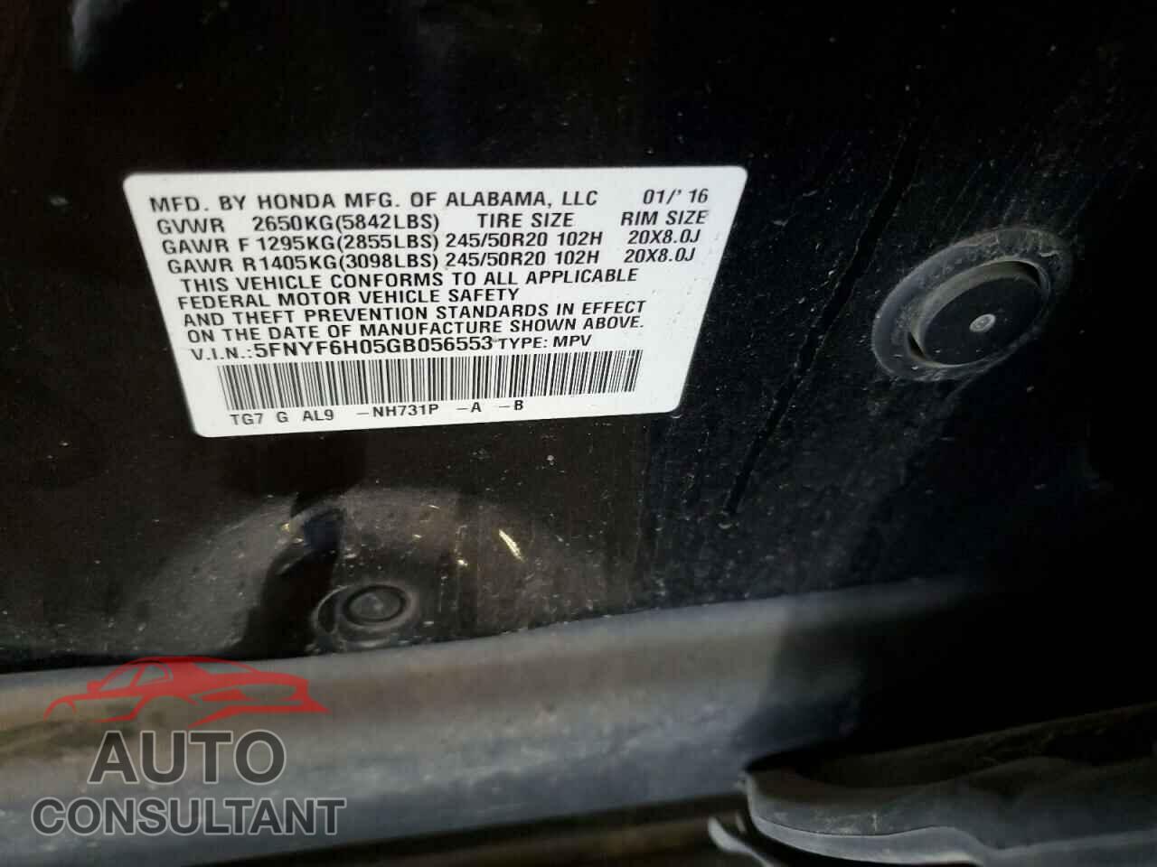 HONDA PILOT 2016 - 5FNYF6H05GB056553