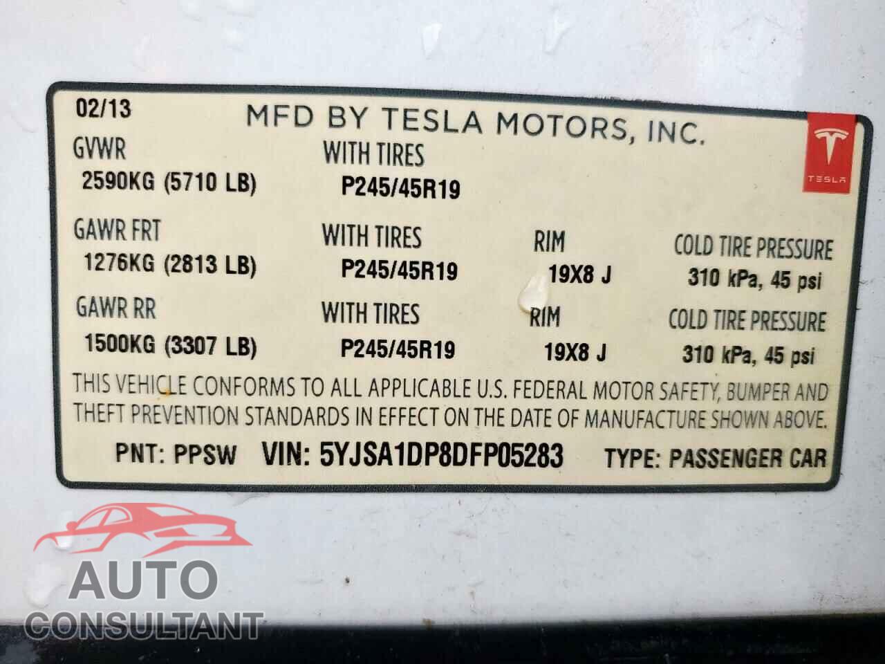 TESLA MODEL S 2013 - 5YJSA1DP8DFP05283