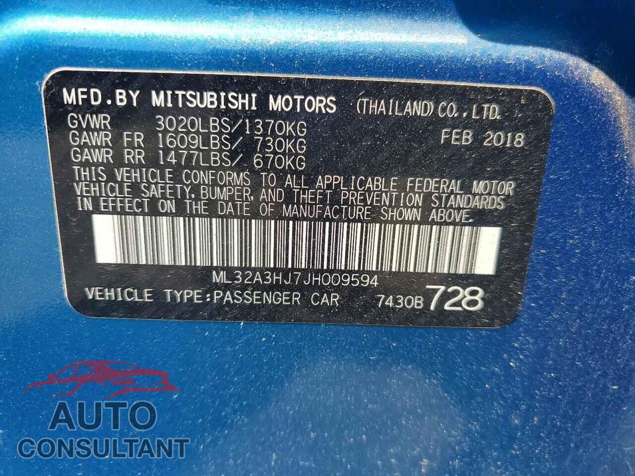 MITSUBISHI MIRAGE 2018 - ML32A3HJ7JH009594