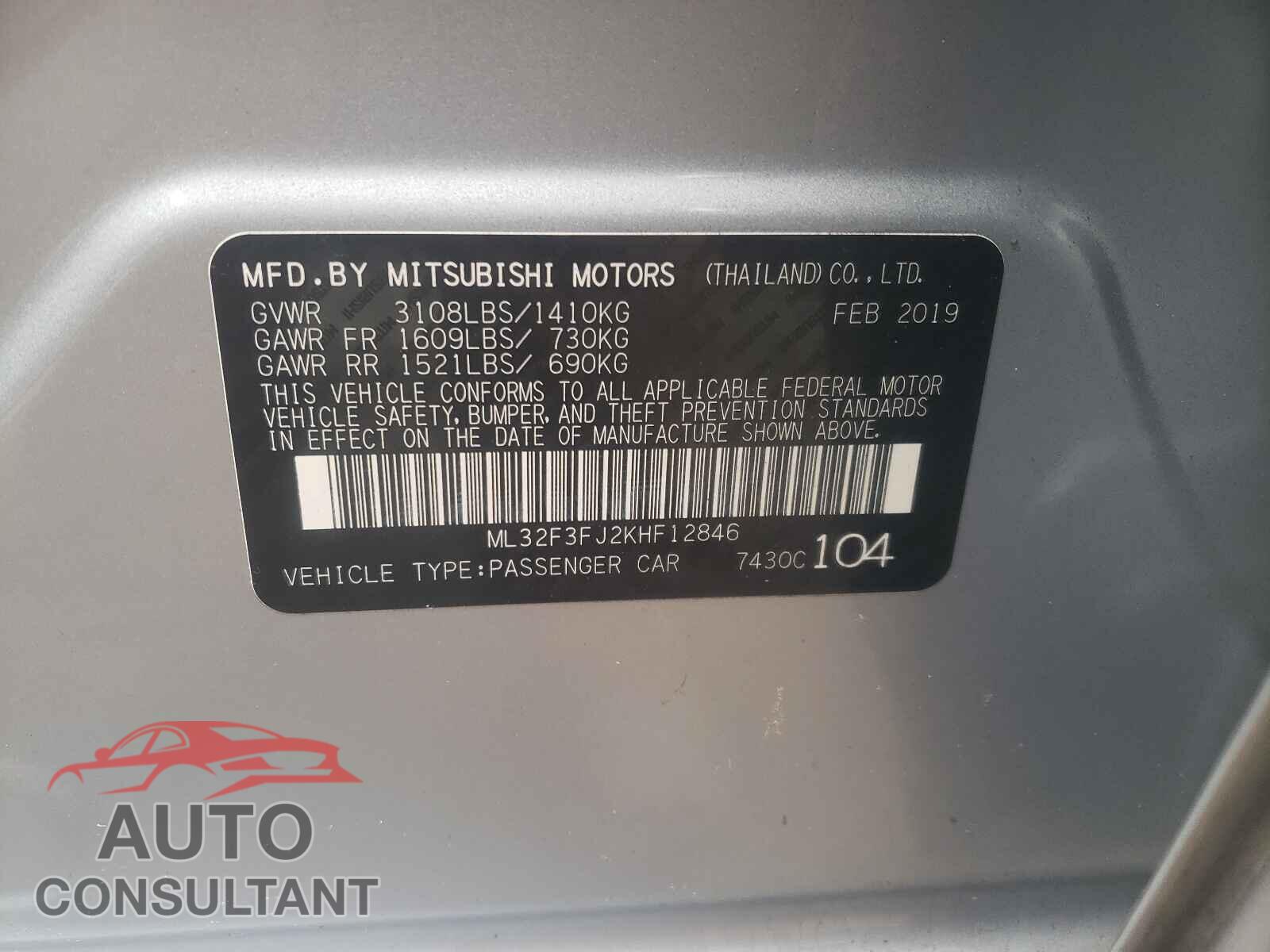 MITSUBISHI MIRAGE 2019 - ML32F3FJ2KHF12846