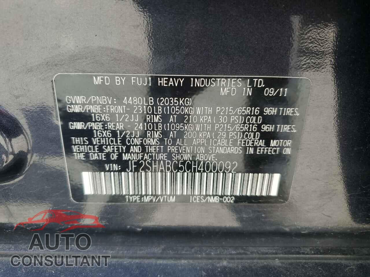 SUBARU FORESTER 2012 - JF2SHABC5CH400092
