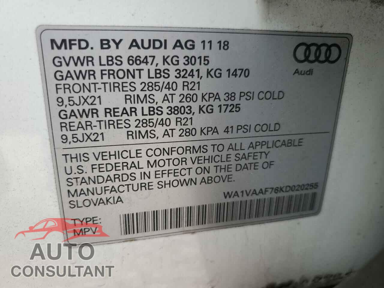 AUDI Q7 2019 - WA1VAAF76KD020255