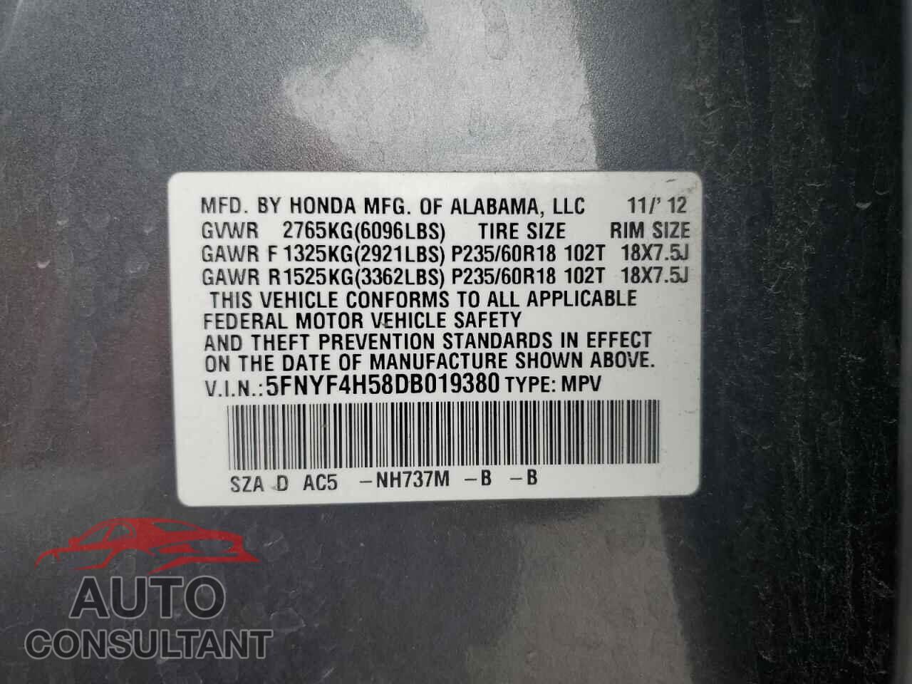 HONDA PILOT 2013 - 5FNYF4H58DB019380