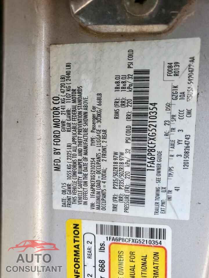FORD MUSTANG 2016 - 1FA6P8CFXG5210354