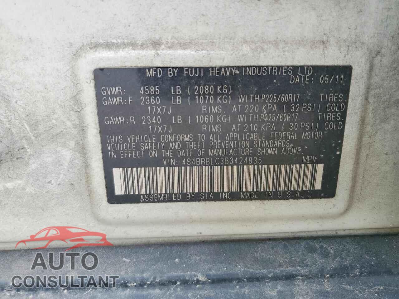 SUBARU OUTBACK 2011 - 4S4BRBLC3B3424835
