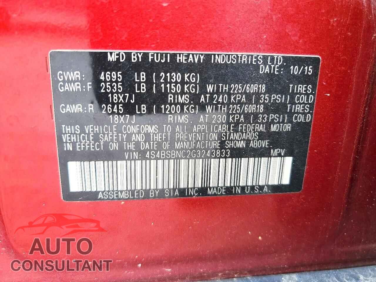 SUBARU OUTBACK 2016 - 4S4BSBNC2G3243833