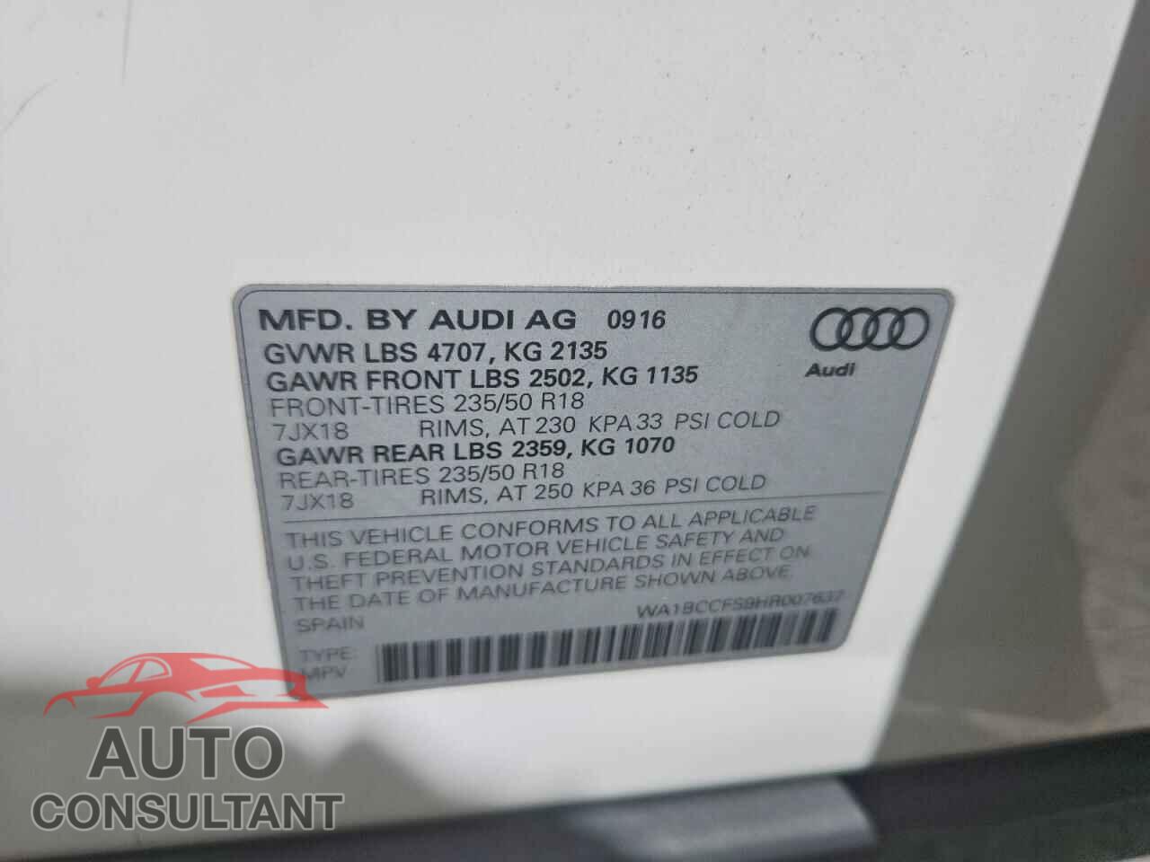 AUDI Q3 2017 - WA1BCCFS9HR007637