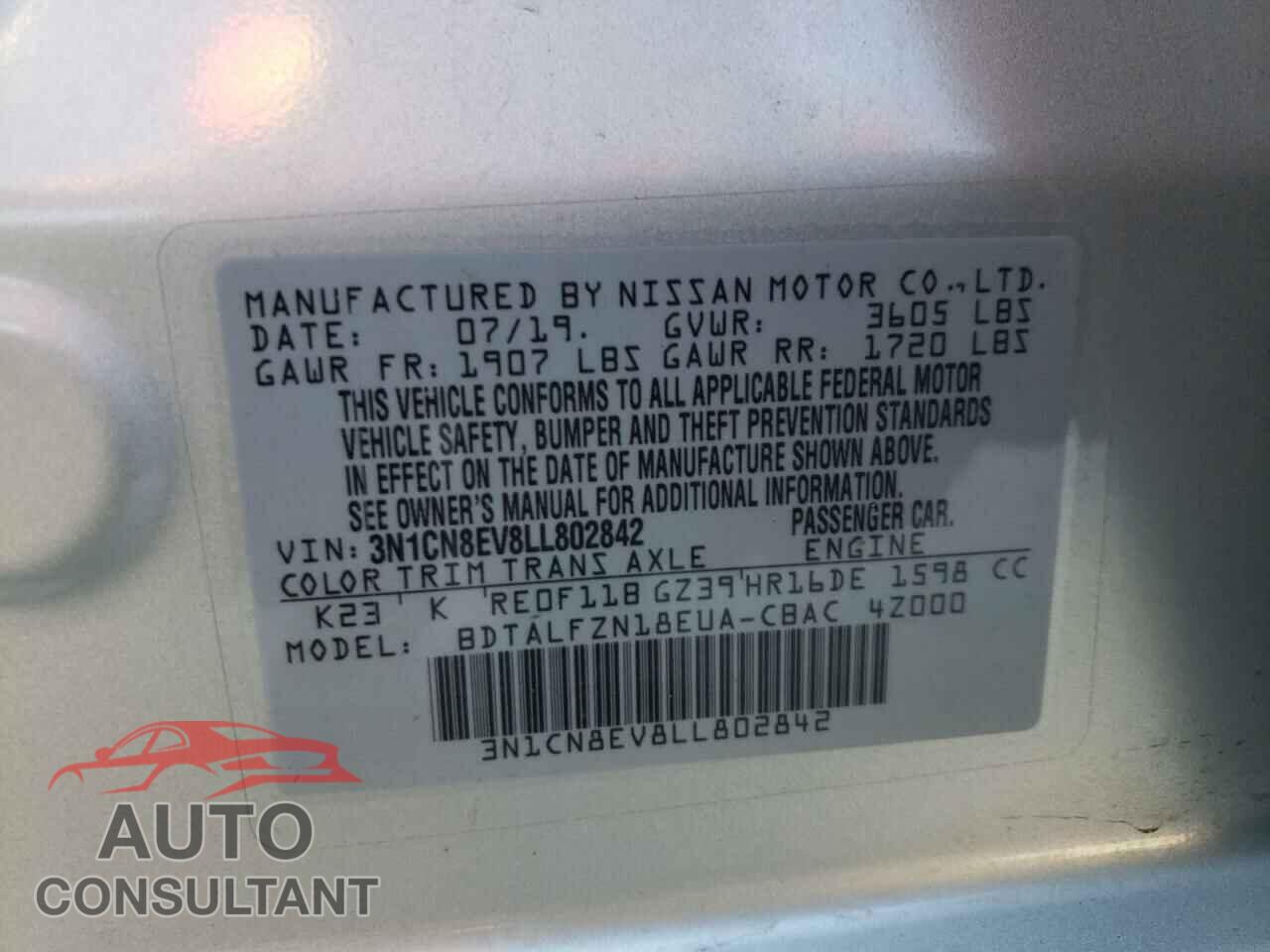 NISSAN VERSA 2020 - 3N1CN8EV8LL802842