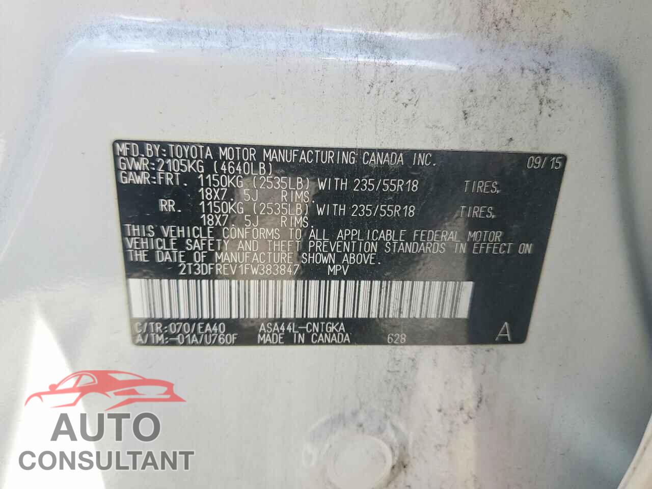 TOYOTA RAV4 2015 - 2T3DFREV1FW383847