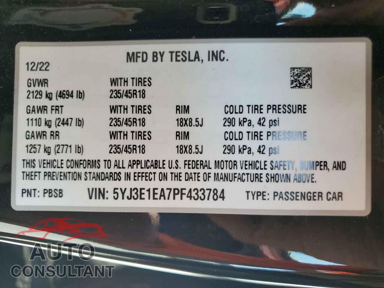 TESLA MODEL 3 2023 - 5YJ3E1EA7PF433784