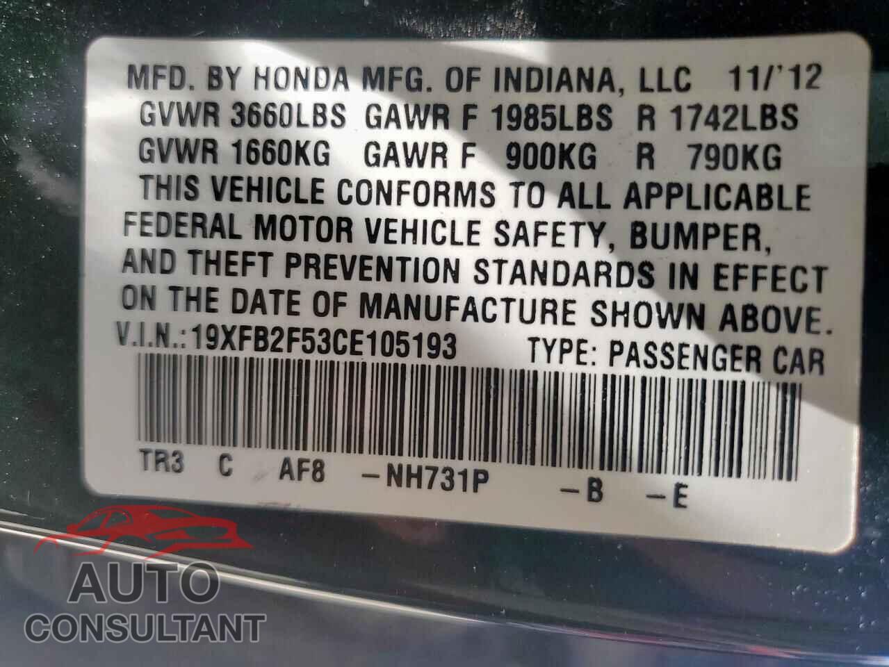 HONDA CIVIC 2012 - 19XFB2F53CE105193